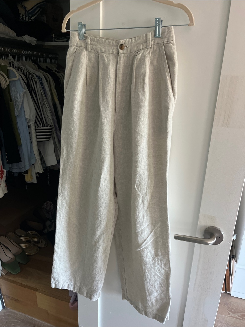 Reformation Light Beige Wide-Leg Linen Trousers